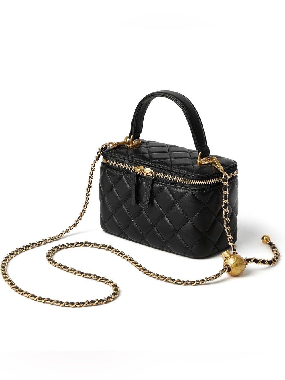 Genuine Lambskin Quilted Vanity Case Crossbody Bag Black Antique Gold Chain